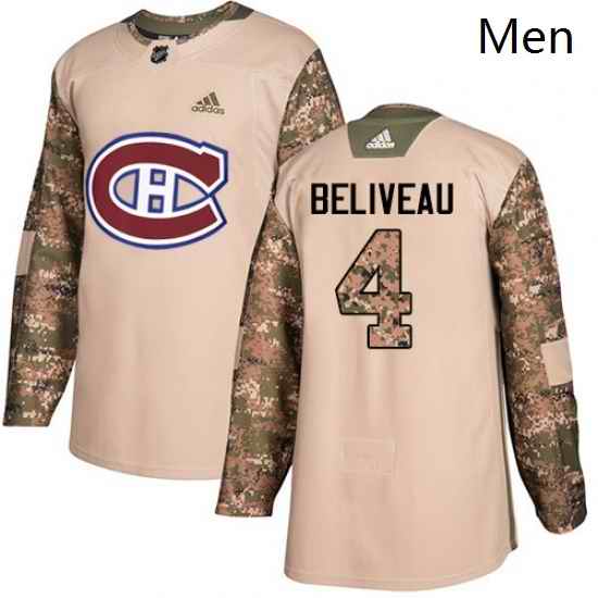 Mens Adidas Montreal Canadiens 4 Jean Beliveau Authentic Camo Veterans Day Practice NHL Jersey